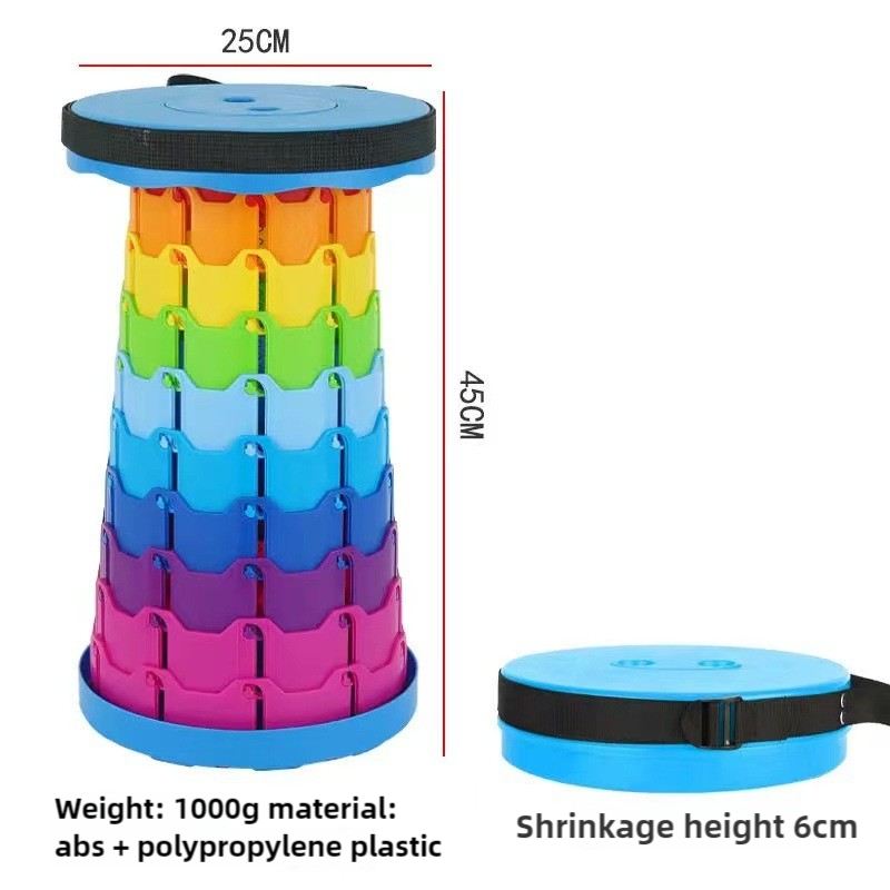 Rainbow Color Stitching Blue Portable Outdoor Telescopic Folding Stool with 100 Weight-Bearing Buckles, Lightweight and 