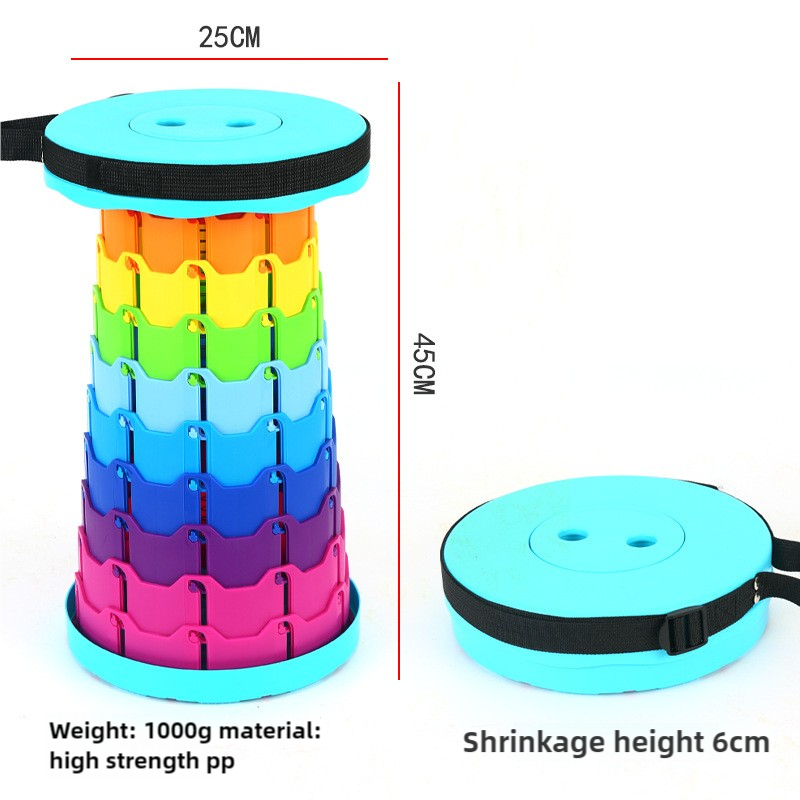 Rainbow Color Stitching Cyan Portable Outdoor Telescopic Folding Stool with 100 Weight-Bearing Buckles, Lightweight and 