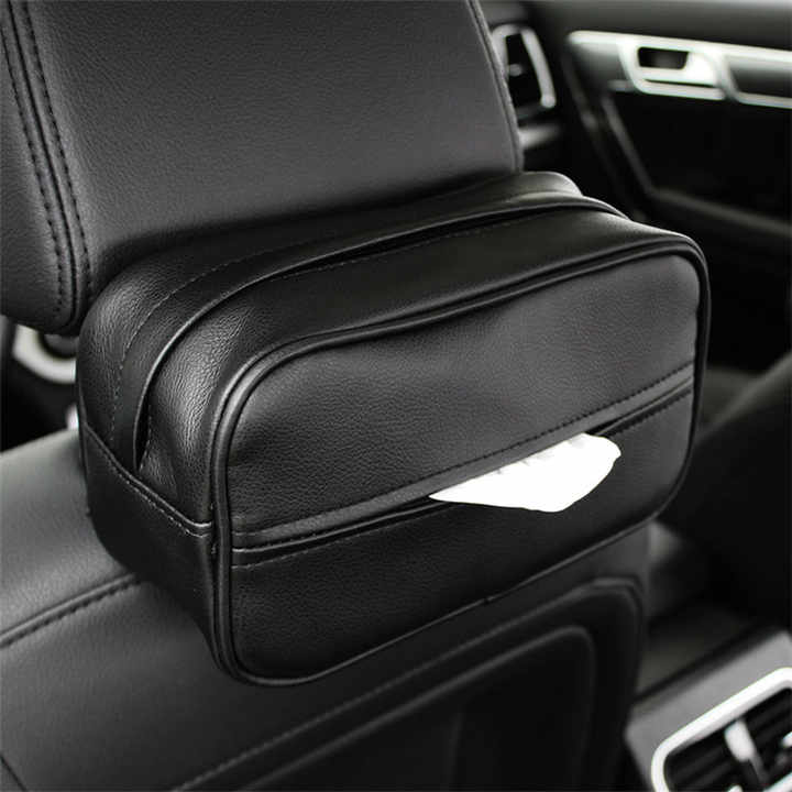 Black Multifunctional PU Leather Car Tissue Box Holder â€“ Compact, Stylish, and Easy to Install with Headrest and Sun V