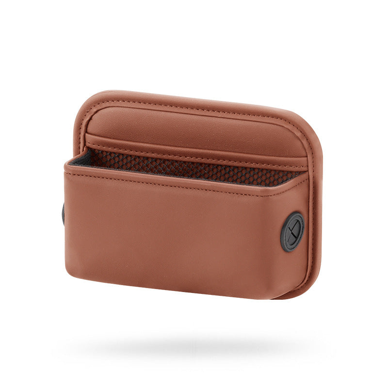 Brown PU Leather Car Storage Organizer with Dual Charging Holes and Inner Mesh Pocket, Multi-functional Door Handle Hang