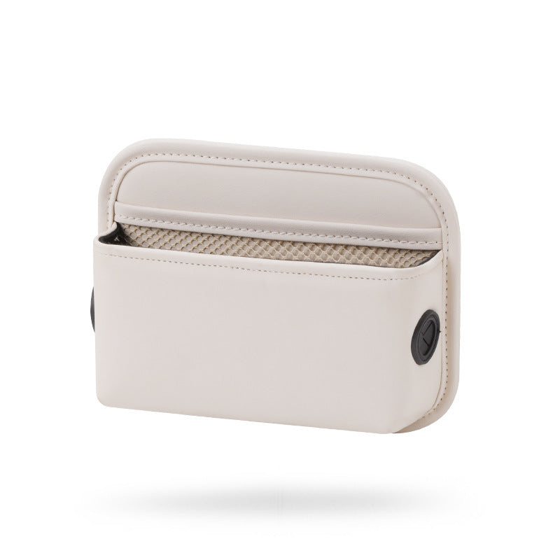 Off White PU Leather Car Storage Organizer with Dual Charging Holes and Inner Mesh Pocket, Multi-functional Door Handle 