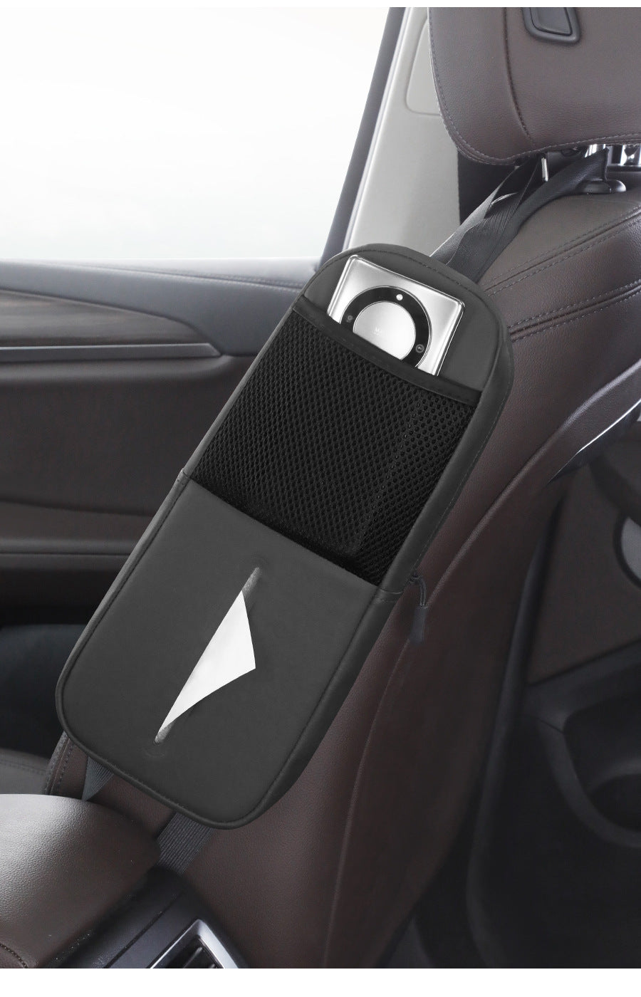 Black Multifunctional Car Seat Side Organizer with PU Leather Tissue Holder and Mesh Pocket â€“ Compact Storage Bag for 
