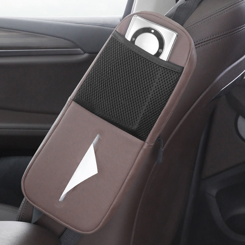 Coffee Multifunctional Car Seat Side Organizer with PU Leather Tissue Holder and Mesh Pocket - Compact Storage Bag for P