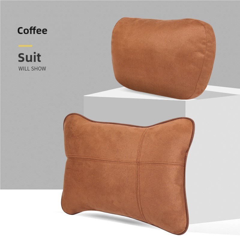 Brown Luxury Eco-Friendly Suede Car Headrest and Lumbar Cushion Set â€“ Ergonomic Support, All-Season Comfort, Adjustabl