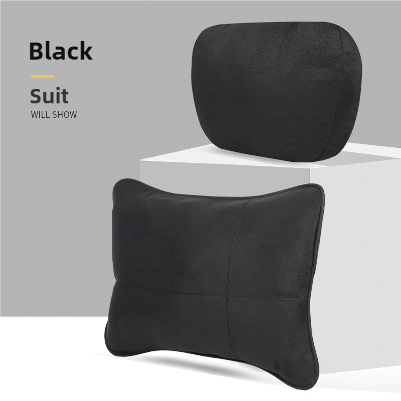 Black Luxury Eco-Friendly Suede Car Headrest and Lumbar Cushion Set - Ergonomic Support, All-Season Comfort, Adjustable 