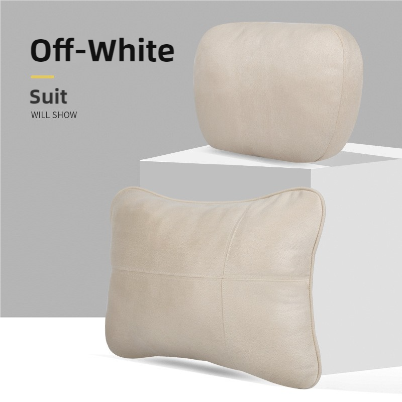Off-White Luxury Eco-Friendly Suede Car Headrest and Lumbar Cushion Set - Ergonomic Support, All-Season Comfort, Adjusta