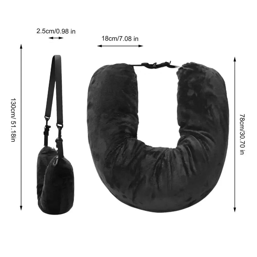 Black Suede Portable Refillable Travel Neck Pillow with Storage Bag - Lightweight and Compact for Airplane, Car, and Tra