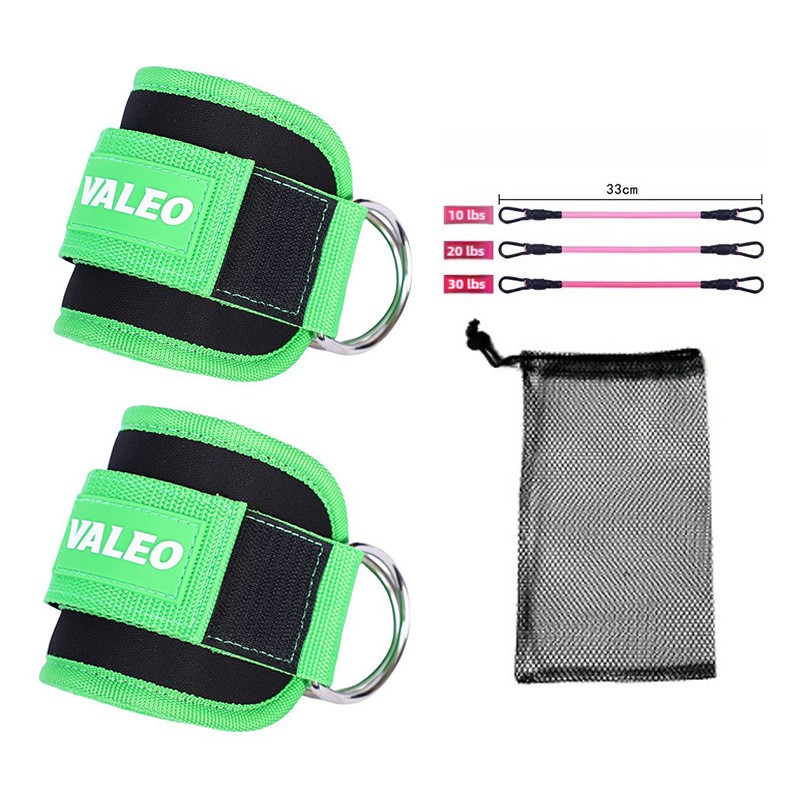 Green Set (2 Ankle Straps + 3 elastic ropes + 1 mesh bag) Adjustable Ankle Straps for Leg and Glute Training â€“ EVA Pad
