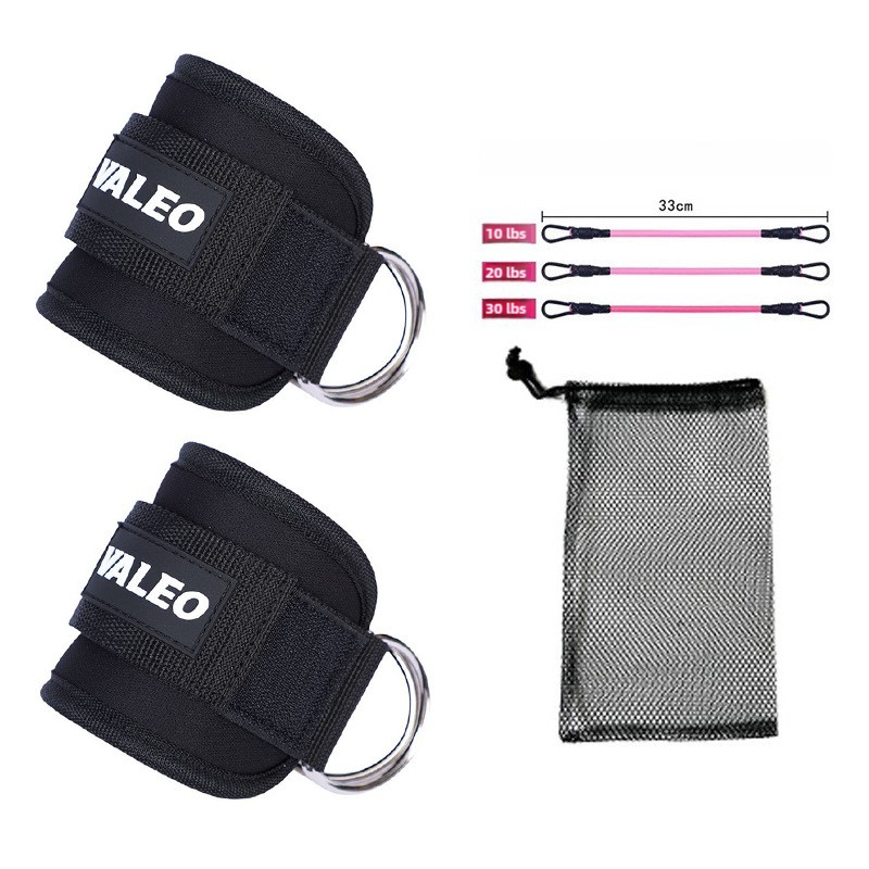 Black Set (2 Ankle Straps + 3 elastic ropes + 1 mesh bag) Adjustable Ankle Straps for Leg and Glute Training - EVA Padde