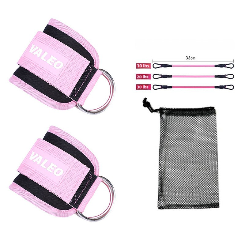 Pink Set (2 Ankle Straps + 3 elastic ropes + 1 mesh bag) Adjustable Ankle Straps for Leg and Glute Training - EVA Padded