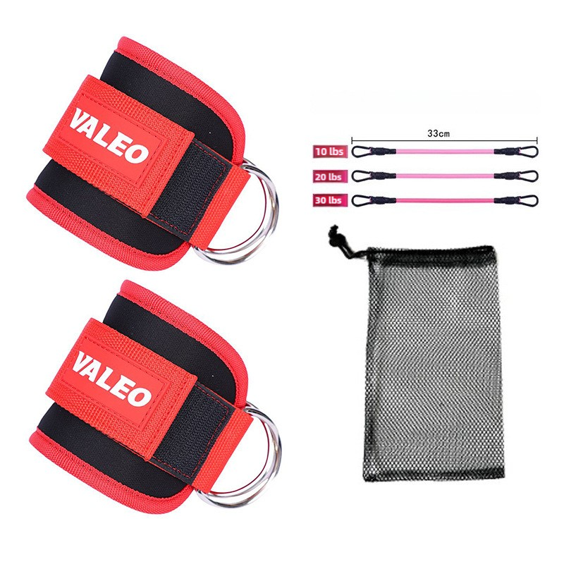 Red Set (2 Ankle Straps + 3 elastic ropes + 1 mesh bag) Adjustable Ankle Straps for Leg and Glute Training - EVA Padded 