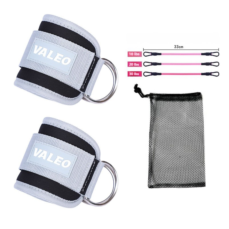 Grey Set (2 Ankle Straps + 3 elastic ropes + 1 mesh bag) Adjustable Ankle Straps for Leg and Glute Training - EVA Padded