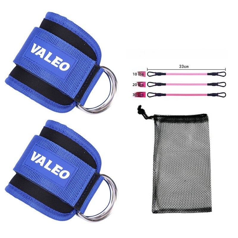 Blue Set (2 Ankle Straps + 3 elastic ropes + 1 mesh bag) Adjustable Ankle Straps for Leg and Glute Training - EVA Padded