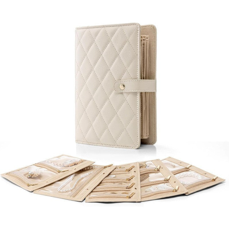 1 Piece Off White Luxury Leather Loose-Leaf Jewelry Organizer - Portable Large-Capacity Storage Book for Earrings and Ne