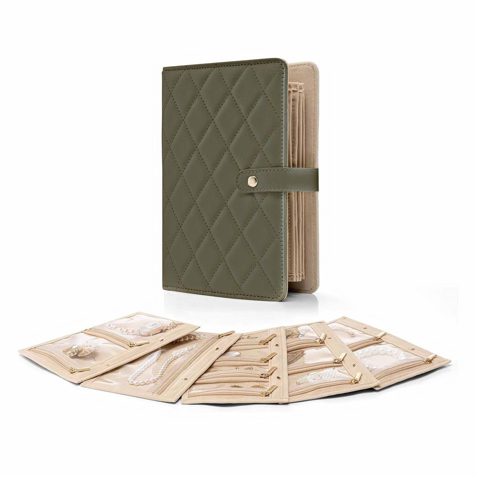 1 Piece Dark Green Luxury Leather Loose-Leaf Jewelry Organizer - Portable Large-Capacity Storage Book for Earrings and N