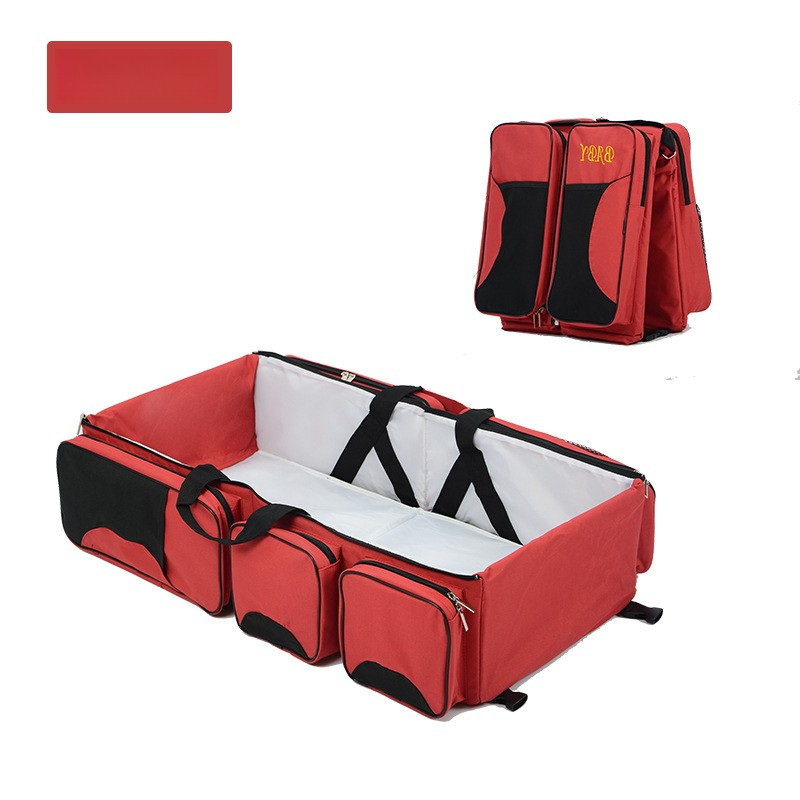 Red Multifunctional Foldable Baby Crib Mommy Bag | Large Capacity Diaper Bag | Portable Shoulder and Handheld Baby Essen