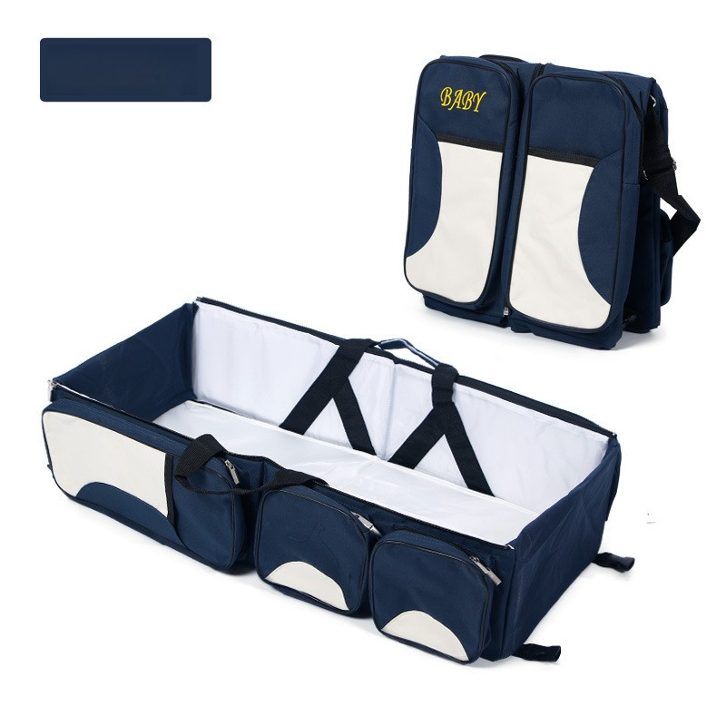 Dark Blue Multifunctional Foldable Baby Crib Mommy Bag | Large Capacity Diaper Bag | Portable Shoulder and Handheld Baby