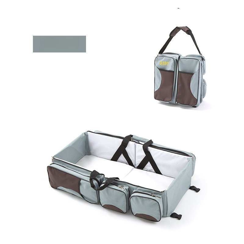 Grey-Brown Patchwork Multifunctional Foldable Baby Crib Mommy Bag | Large Capacity Diaper Bag | Portable Shoulder and Ha