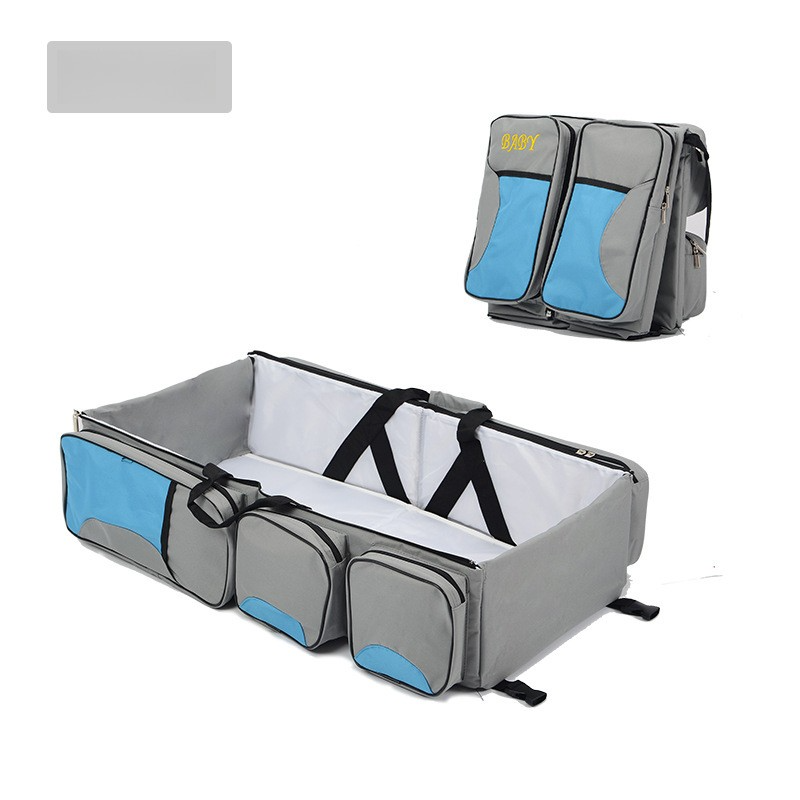 Grey-Blue Patchwork Multifunctional Foldable Baby Crib Mommy Bag | Large Capacity Diaper Bag | Portable Shoulder and Han