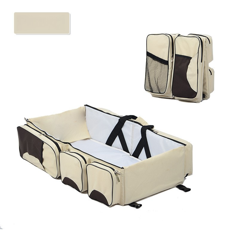 Beige-Brown Patchwork Multifunctional Foldable Baby Crib Mommy Bag | Large Capacity Diaper Bag | Portable Shoulder and H