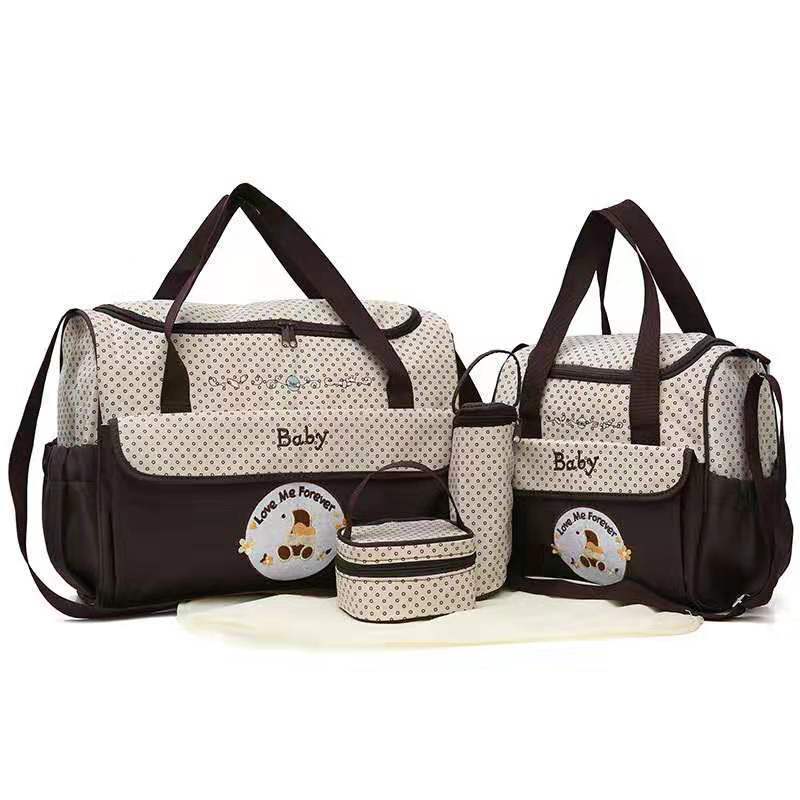 Coffee 5-Piece Mommy Bag Set - Large Capacity Diaper Bags for Baby Travel, Tote and Shoulder Bags with Insulated Bottle 