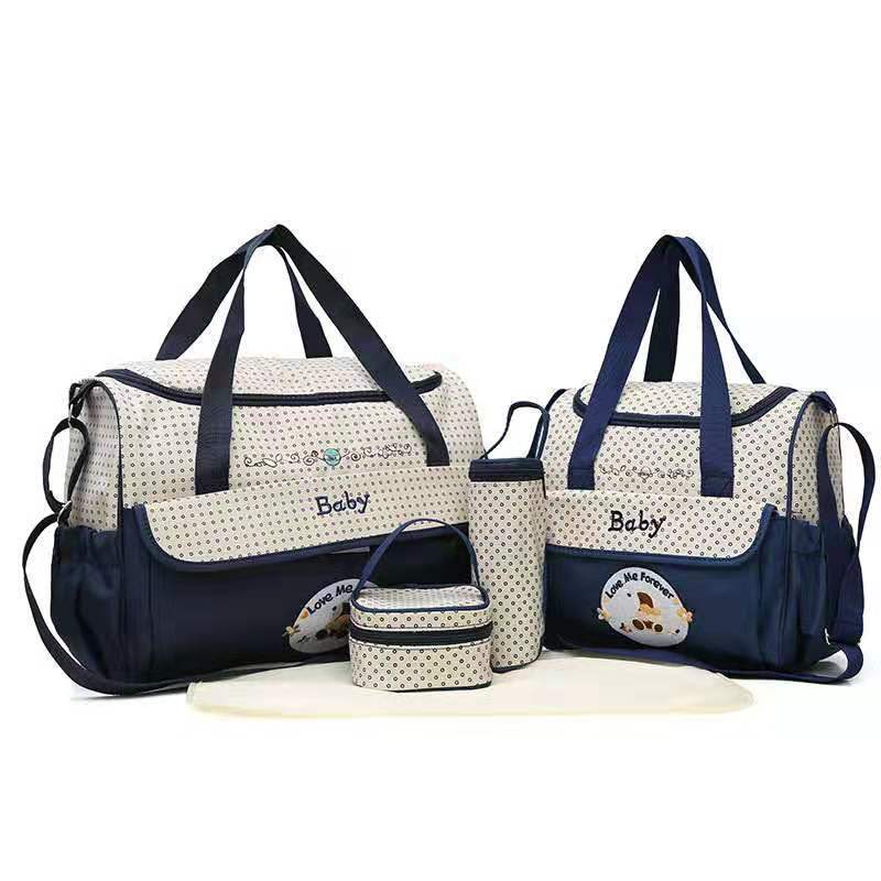 Dark Blue 5-Piece Mommy Bag Set - Large Capacity Diaper Bags for Baby Travel, Tote and Shoulder Bags with Insulated Bott