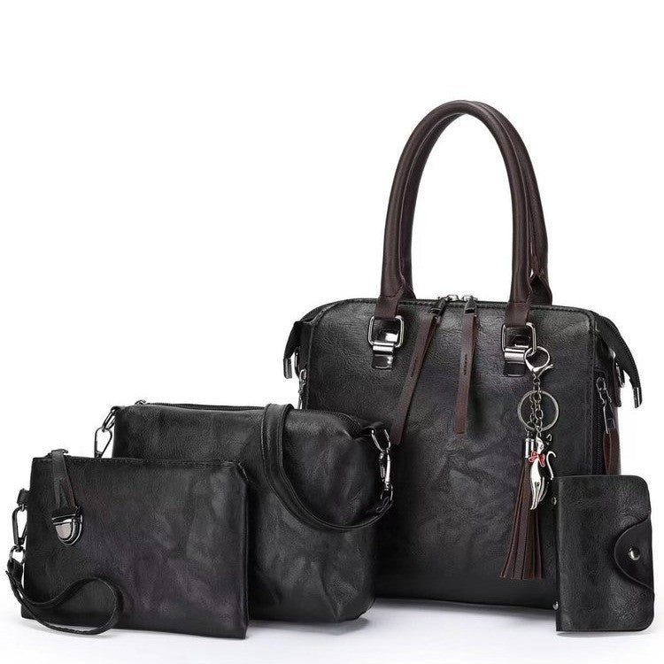 Black 4-Piece Womenâ€™s PU Leather Tote Bag Set - Vintage Handbag, Shoulder Bag, Clutch, and Card Holder - Lightweight D