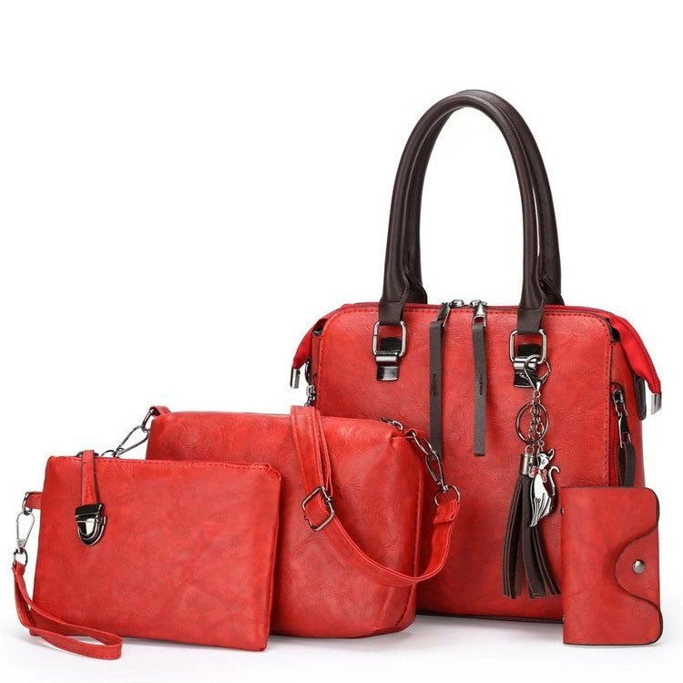 Red 4-Piece Women's PU Leather Tote Bag Set - Vintage Handbag, Shoulder Bag, Clutch, and Card Holder - Lightweight Desig