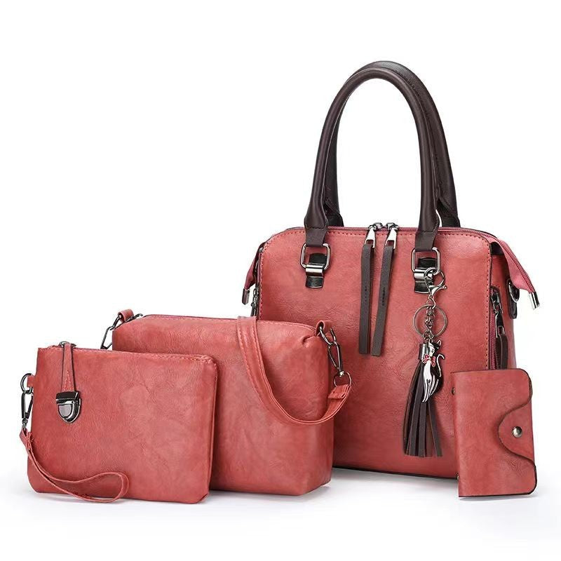 Pink 4-Piece Women's PU Leather Tote Bag Set - Vintage Handbag, Shoulder Bag, Clutch, and Card Holder - Lightweight Desi