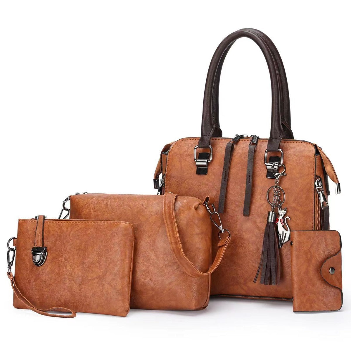 Brown 4-Piece Women's PU Leather Tote Bag Set - Vintage Handbag, Shoulder Bag, Clutch, and Card Holder - Lightweight Des