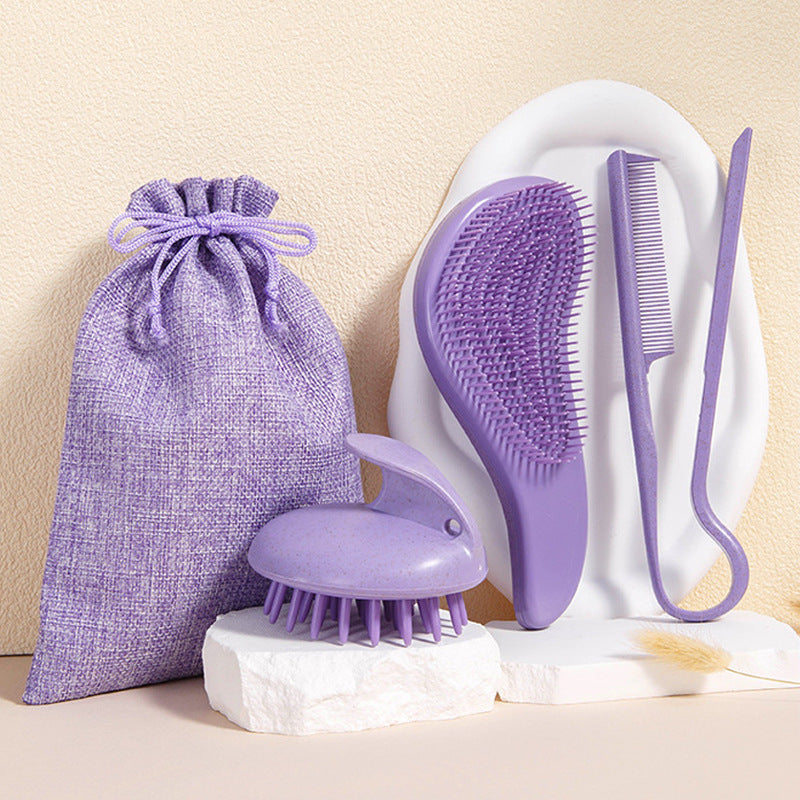 2 Pcs Purple Eco-Friendly Wheat Straw Hair Care Set - Massage Brush, Detangling Comb, and V-shaped Comb for All Hair Typ