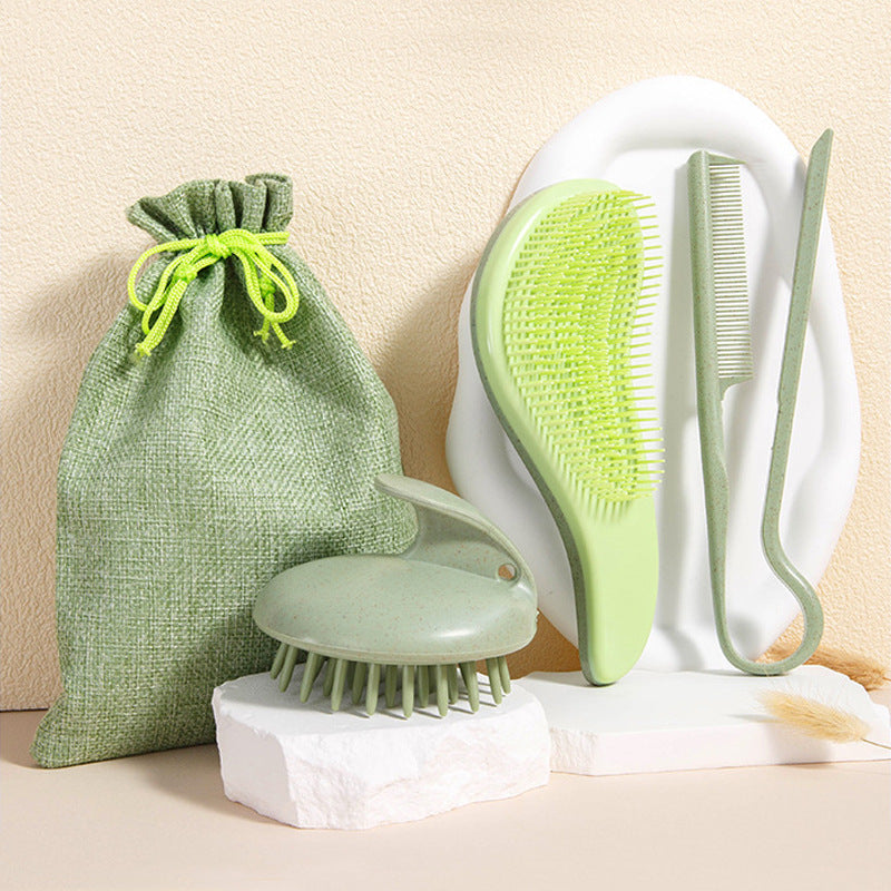 2 Pcs Green Eco-Friendly Wheat Straw Hair Care Set - Massage Brush, Detangling Comb, and V-shaped Comb for All Hair Type