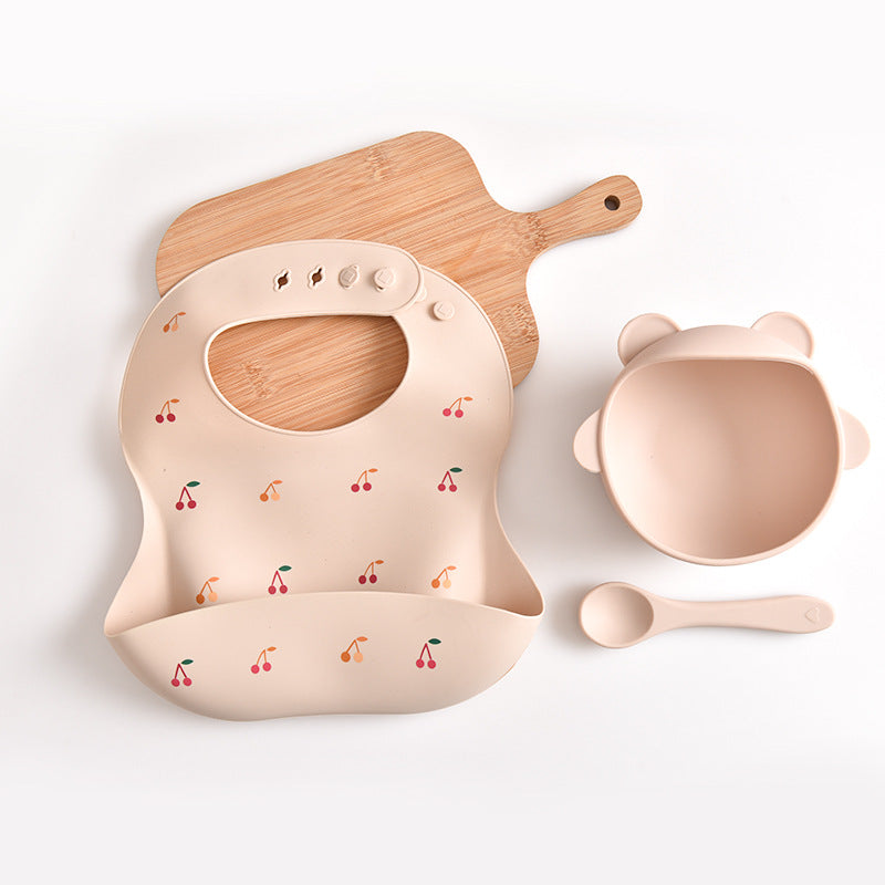 Cherry Pattern Beige Soft and Safe Silicone Baby Feeding Set â€“ Bib, Bowl, and Spoon Combo for Mess-Free Meals