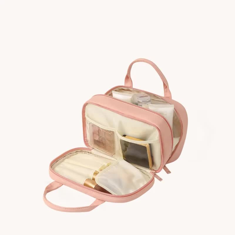 Pink Premium PU Leather Portable Makeup Bag - Large Capacity Waterproof Travel Cosmetic Organizer(Cosmetics are shooting