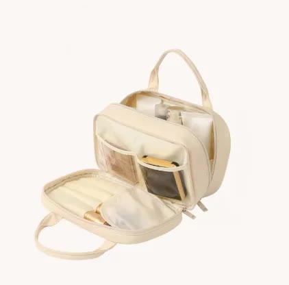 Off White Premium PU Leather Portable Makeup Bag - Large Capacity Waterproof Travel Cosmetic Organizer(Cosmetics are sho
