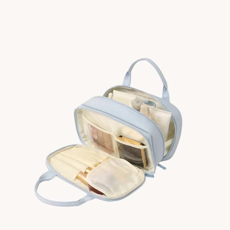 Blue Premium PU Leather Portable Makeup Bag - Large Capacity Waterproof Travel Cosmetic Organizer(Cosmetics are shooting