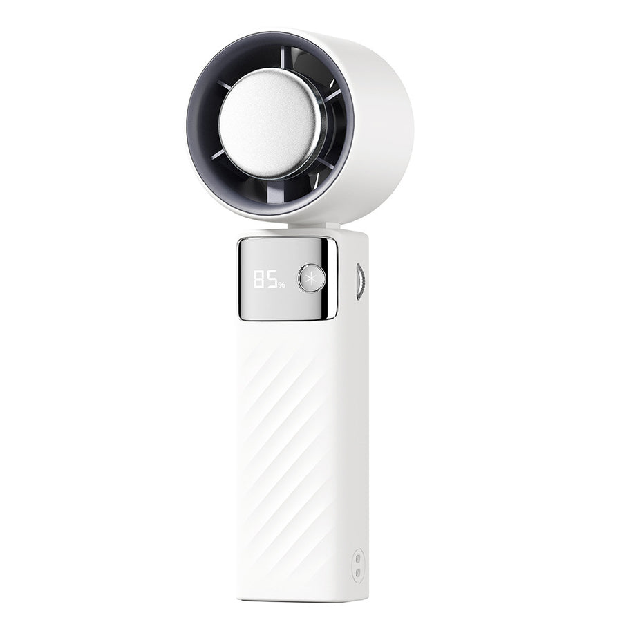 White Portable Turbo Handheld USB Rechargeable Fan with Digital Speed Display â€“ High-Speed Cooling Fan for Outdoor Use