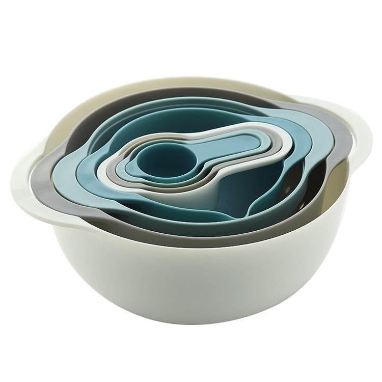 Blue 8-Piece Baking Tool Set â€“ Measuring Cups, Spoons, Rainbow Mixing Bowls, Vegetable Washing Basket, and Flour Sifte