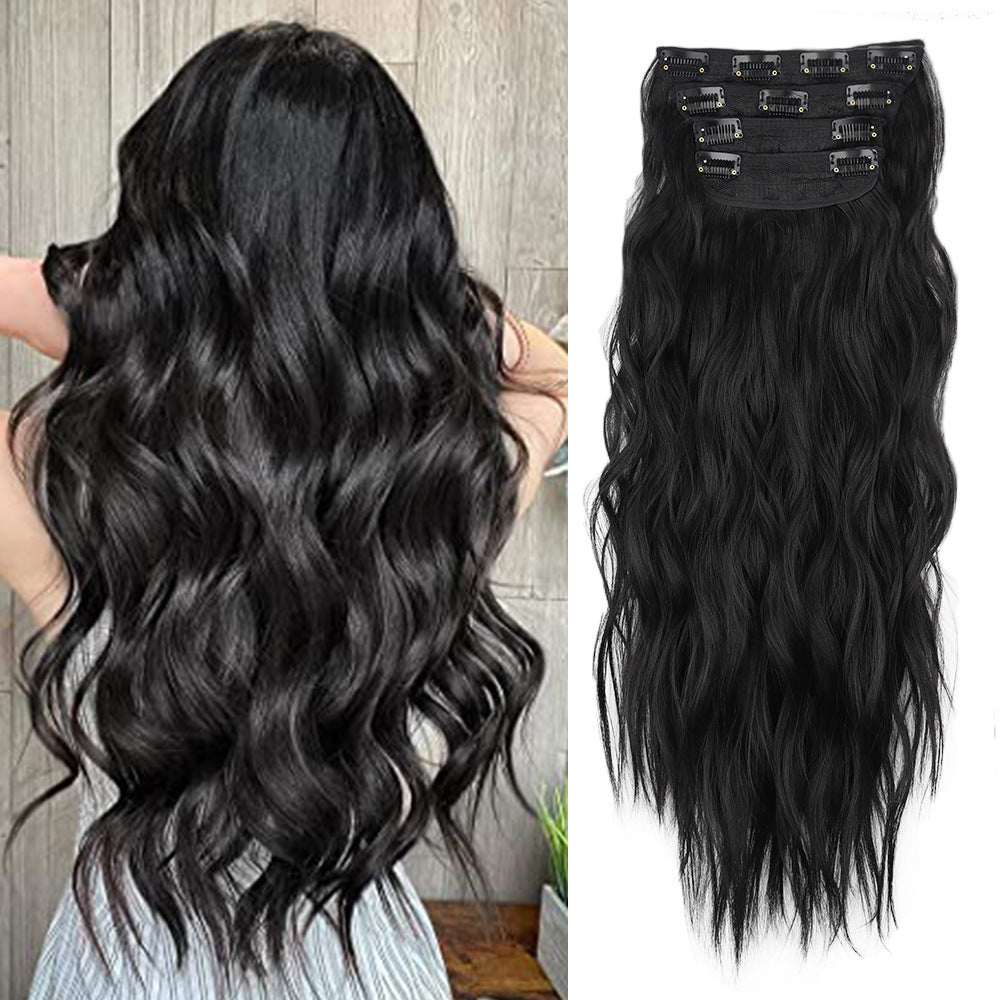 4 Pcs Set Black High-Quality Wavy Clip-In Hair Extensions Set - 50cm, 200g, Synthetic Fiber - Voluminous Beach Waves for