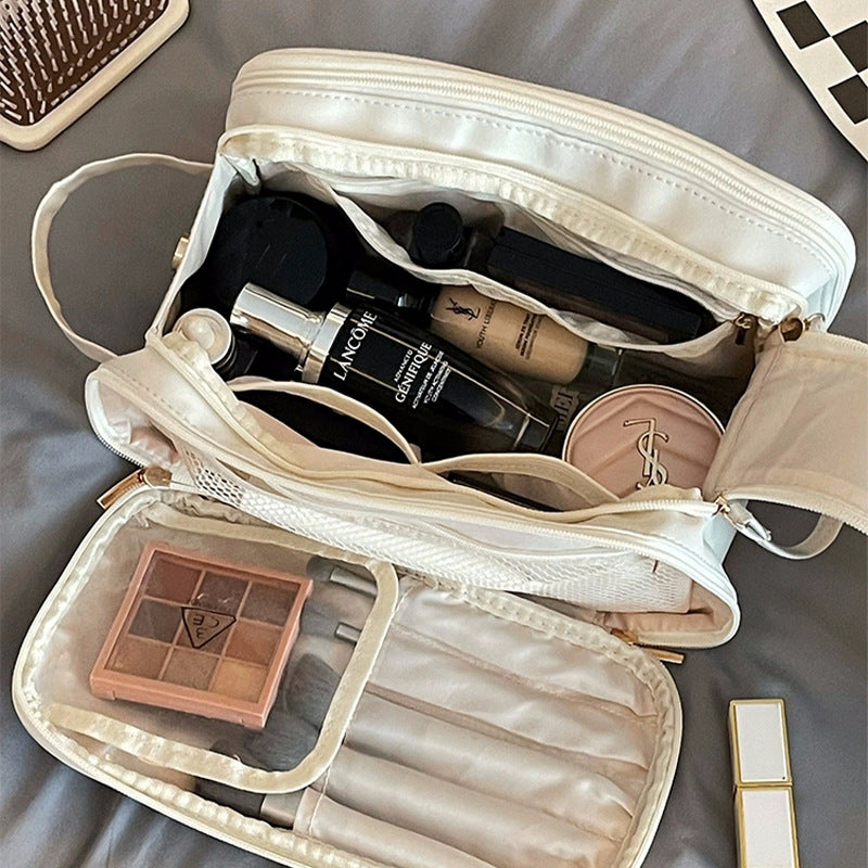 White Large Capacity Makeup Organizer Bag - Travel-Friendly Double-Zip Cosmetic Storage Case for Women(Makeup items are 