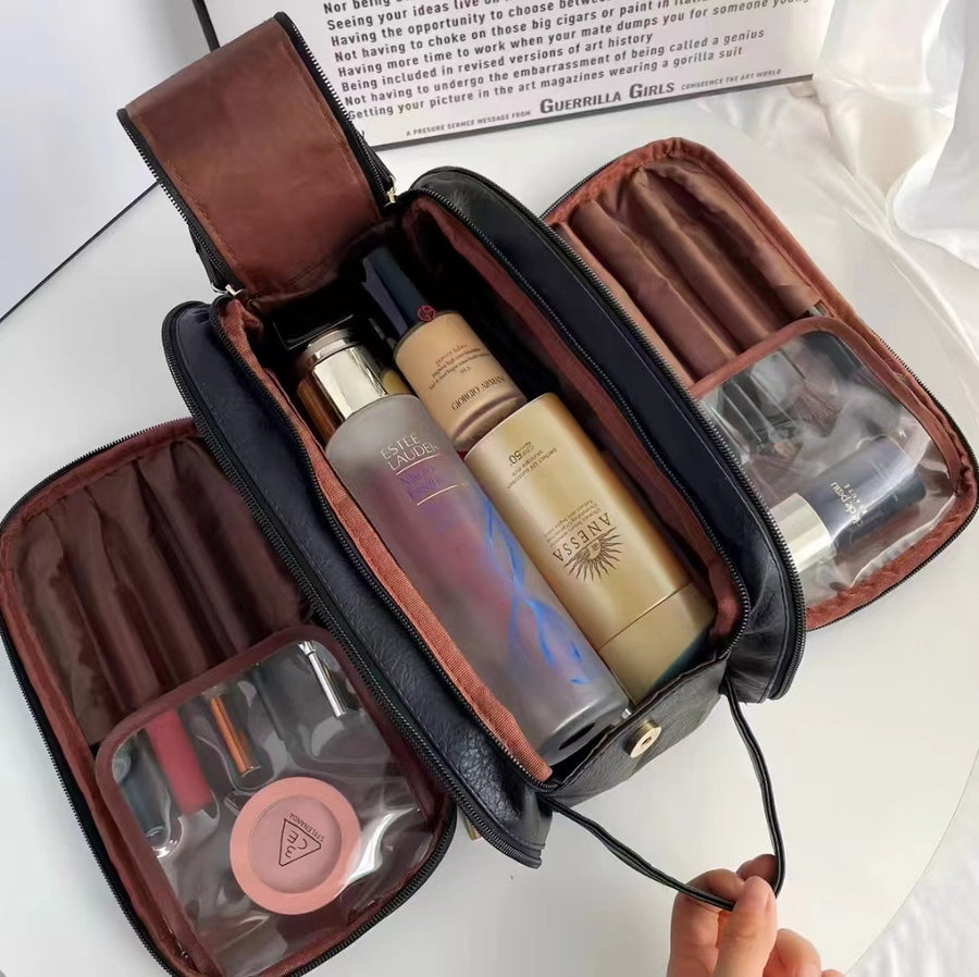 Black Large Capacity Makeup Organizer Bag - Travel-Friendly Double-Zip Cosmetic Storage Case for Women(Makeup items are 