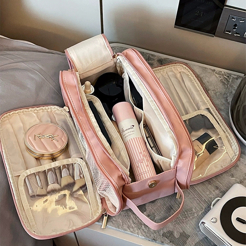 Pink Large Capacity Makeup Organizer Bag - Travel-Friendly Double-Zip Cosmetic Storage Case for Women(Makeup items are s