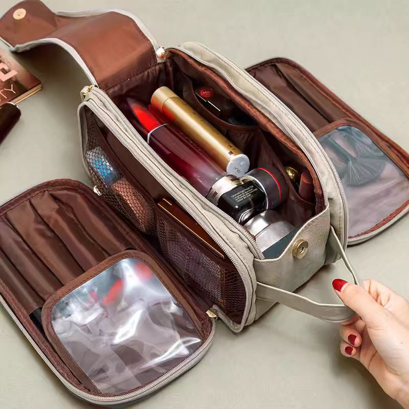 Brown Large Capacity Makeup Organizer Bag - Travel-Friendly Double-Zip Cosmetic Storage Case for Women(Makeup items are 