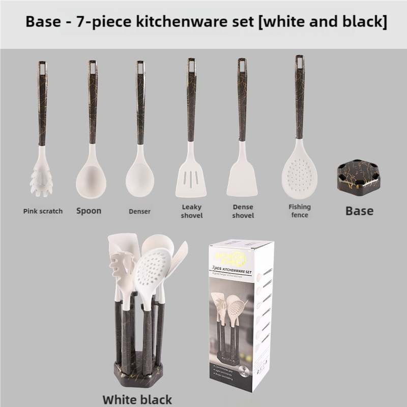 White And Black Set High-Temperature Resistant 7-Piece Silicone Kitchen Utensils Set â€“ Non-Stick Cooking Tools, Food-G
