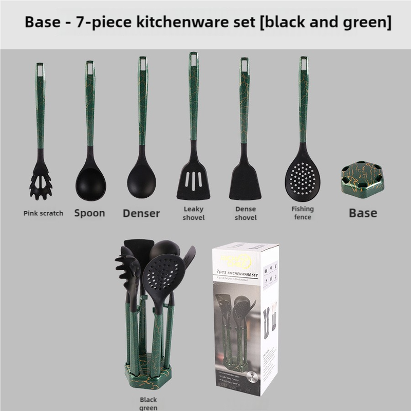 Black And Green Set High-Temperature Resistant 7-Piece Silicone Kitchen Utensils Set - Non-Stick Cooking Tools, Food-Gra