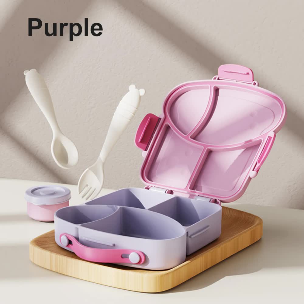 Purple Kids Bento Box with Dividers, Microwave Safe, Leak-Proof Lunch Box with Fork & Spoon - Eco-Friendly PP Plastic, C