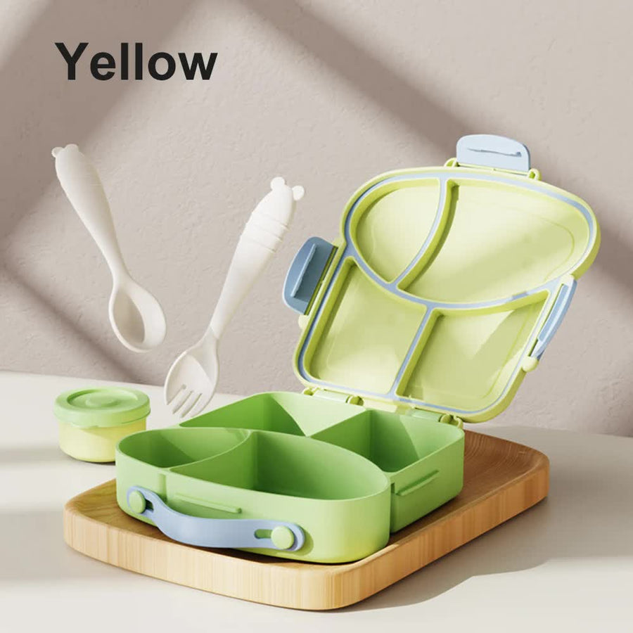 Yellow And Green Kids Bento Box with Dividers, Microwave Safe, Leak-Proof Lunch Box with Fork & Spoon - Eco-Friendly PP 
