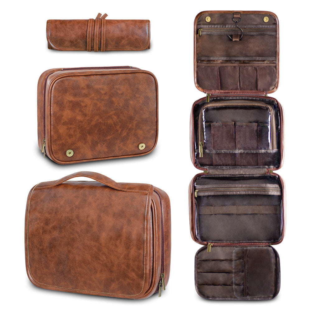 Reddish Brown Luxury PU Business Travel Toiletry Bag â€“ Large Capacity Waterproof Makeup Organizer with Dividers â€“ Po