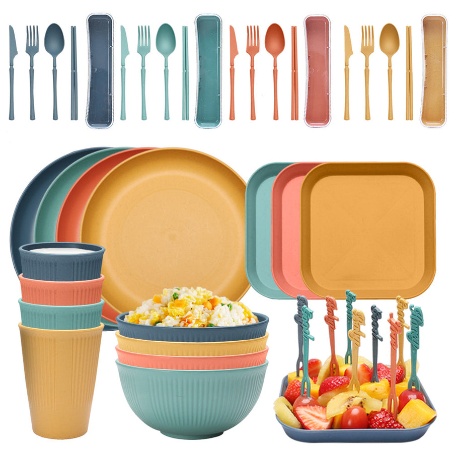 Four-person Set Multicolor Eco-Friendly Wheat Straw Dinnerware Set,  Plate, Bowl, Cup & Utensil Set - Lightweight, Reusa