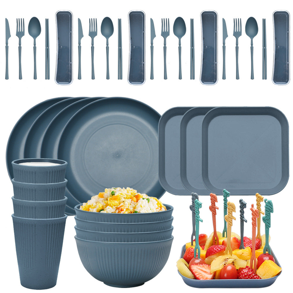 Four-person Set Blue Eco-Friendly Wheat Straw Dinnerware Set,  Plate, Bowl, Cup & Utensil Set - Lightweight, Reusable, a